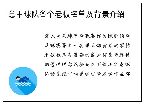 意甲球队各个老板名单及背景介绍