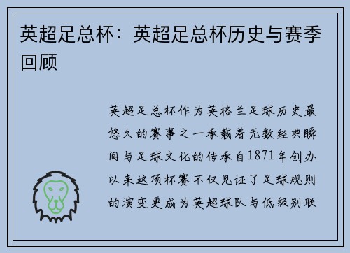 英超足总杯：英超足总杯历史与赛季回顾
