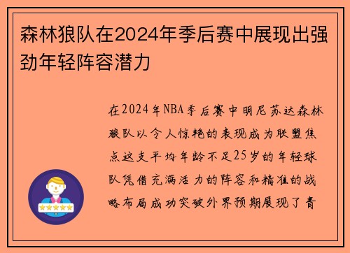 森林狼队在2024年季后赛中展现出强劲年轻阵容潜力